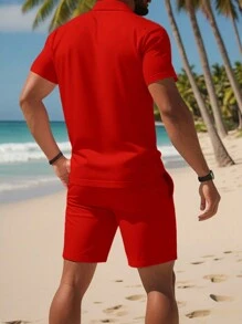 Manfinity Dauomo Men Solid Polo Shirt & Drawstring Waist Shorts - Red - View 2