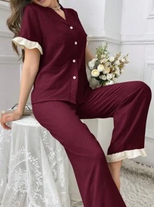拼色滚边 V 领短袖睡衣套装 睡衣套装 休闲套装 - 酒紅色 - 查看 1
