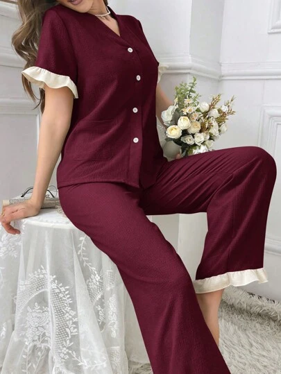 拼色滚边 V 领短袖睡衣套装 睡衣套装 休闲套装