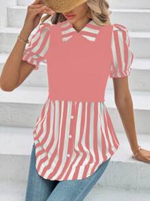 SHEIN LUNE 女士條紋印花簡約日常短袖上衣 - 粉色 - 查看 6