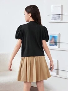 SHEIN Tween Girl Puff Sleeve Decorated Bowknot Stand Collar T-Shirt, Pleated Schoolgirl Skirt 2pcs/Set - Black - View 2
