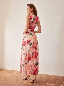 MOTF PREMIUM FLORAL PRINT V-NECK RUCHED WAIST DRESS - Multicolor - View 3