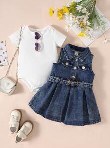 Baby Girl Simple Short Sleeve Top & Fashionable Denim Dress Set - Multicolor - View 1