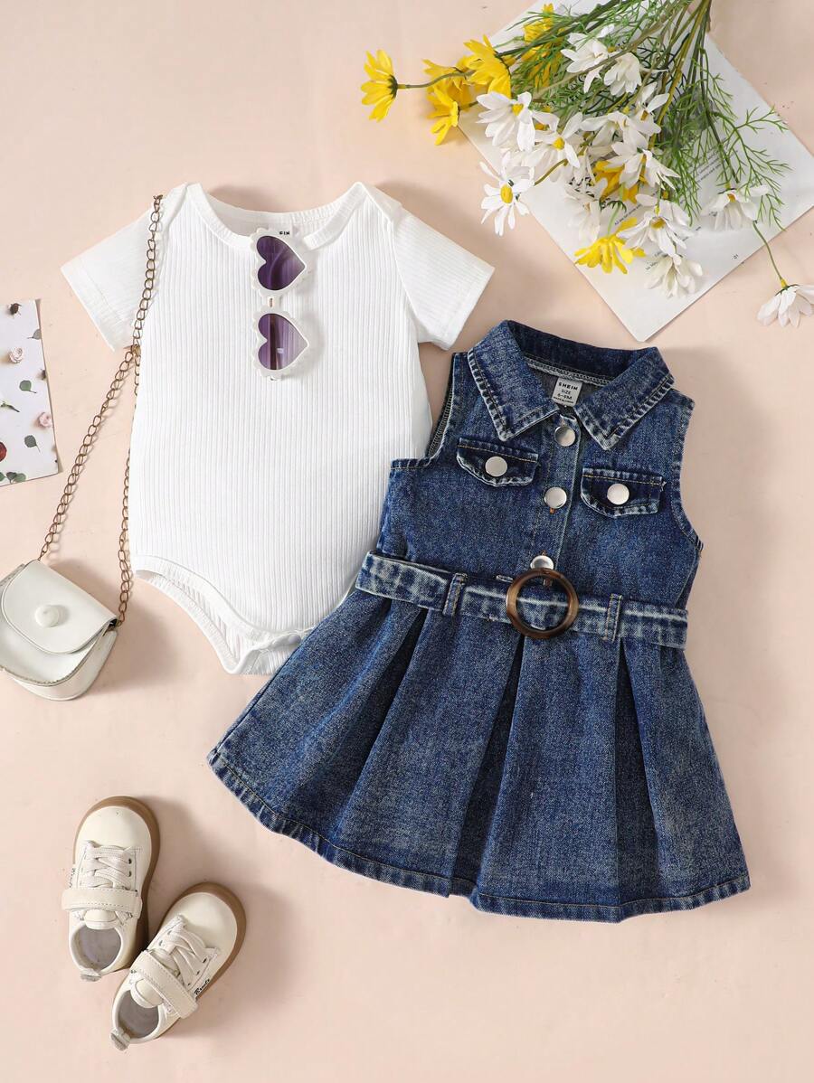 Baby Girl Simple Short Sleeve Top & Fashionable Denim Dress Set - Multicolor - View 1