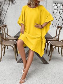 SHEIN LUNE Yellow Batwing Sleeve Round Neck Muslim Women Abaya Dress