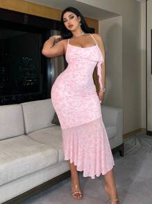 Flirla Plus Size Summer Elegant Velour Texture Mermaid Hem Cami Dress Formal Evening Gown - Pink - View 6