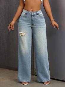 SHEIN SXY Women Pocket Ripped Wide-Leg Loose Casual Jeans