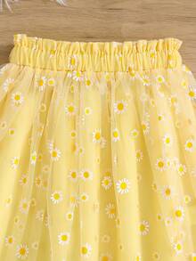 SHEIN 2 piezas/Conjunto Parte superior de tirantes con margaritas y falda acampanada para niñas preadolescentes, conjunto de ropa de verano para vacaciones - Amarillo - Ver 3