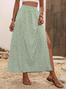 Breezaya Falda midi de flores diminutas con abertura lateral para mujeres en vacaciones - Verde Lima - Ver 4