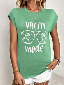 SHEIN LUNE 女士夏季字母眼镜印花圆领短袖休闲 T 恤图案 T 恤女式上衣