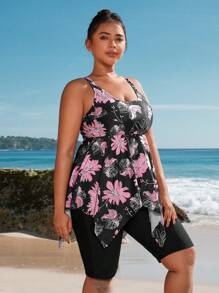 Swim Lushoire Conjunto de tankini de traje de baño de talla grande con Top de estampado floral y estilo vacacional y shorts de unicolor, para el verano