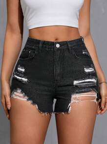 SHEIN EZwear Quần short denim dáng ôm vừa vặn thời trang mùa hè - màu đen - Xem 3