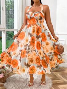 SHEIN LUNE Vestido Plus Size Feminino Boho Estampado Aleatório Alças Espaguete, Para o Verão - Laranja - Ver 1