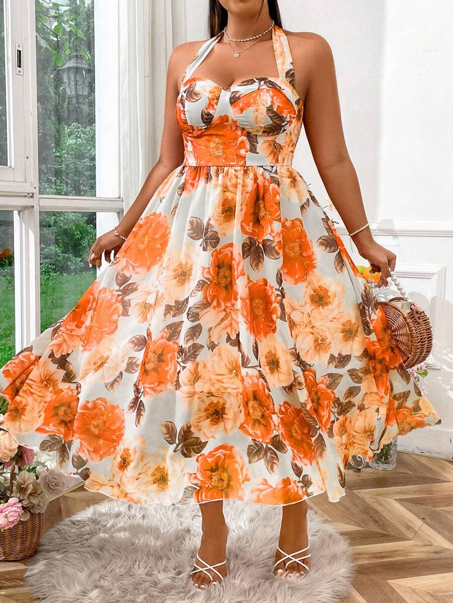 SHEIN LUNE Vestido Plus Size Feminino Boho Estampado Aleatório Alças Espaguete, Para o Verão - Laranja - Ver 1