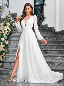 Contrast Sequin Split Thigh Wedding Dress - White - View 1