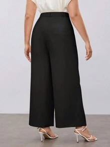 Maija 大尺碼女性實色褶皺寬鬆直筒褲，適合休閒和通勤穿著 - 黑色 - 查看 3