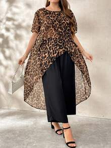 SHEIN Clasi Black & White Polka Dot Short Sleeve Overlap Top And Long Pants 2-Piece Set For Plus Size Women Casual Outfits - Multicolor - View 3