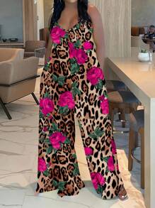 Slaydiva Plus Size Printed Jumpsuit, Summer Suitable For Going Out Leopard Print