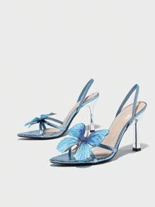 Sandalias de tacón alto para eventos y uso al aire libre de mujer, con puntera puntiaguda, estampado de serpiente metálico, decoración con mariposa y floral, y hebilla de tobillo, elegantes y sexys, color azul claro para el Día de San Valentín