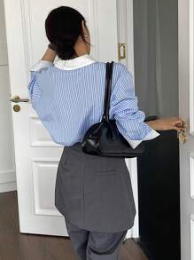 DAZY 女士条纹印花落肩衬衫长袖上衣 - 藍色 - 查看 5