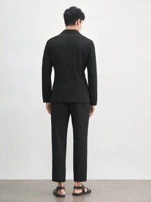 AKNOTIC Business Casual 2pcs Men's Woven Blend Suit, Without Padded Shoulders, Waist Drawstring Jacket & Straight-Leg Trousers, Suitable For Spring And Autumn Business Attire - Black - View 6