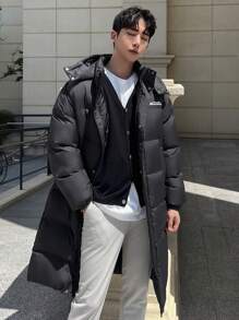 DAZY Men's Long Letter Print Padded Coat, Winter Jacket - Black - View 3