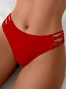 SHEIN Swim 2025 女式纯色镂空侧边性感比基尼泳裤 夏季 - 紅色 - 查看 4