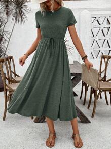 SHEIN LUNE Women's Summer Solid Color Short Sleeve Round Neck Tie Waist Casual Long Dress