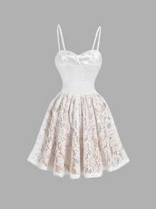 SHEIN MOD 复古蕾丝双层拼接紧身胸衣修身迷你吊带连衣裙，白色女士细肩带连衣裙 - 白色 - 查看 2