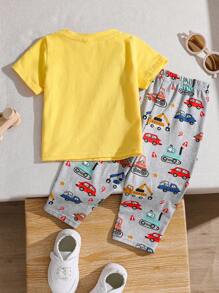 SHEIN Leap Crew 嬰兒男/女有趣的車紋短袖圓頸上衣和慢跑褲套裝