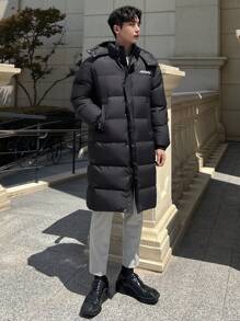 DAZY Men's Long Letter Print Padded Coat, Winter Jacket - Black - View 6