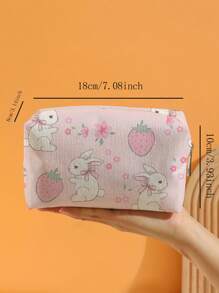 ROMWE Kawaii Cute Pink Rabbit & Strawberry Pattern Octagonal Velvet Makeup Bag - Pink - View 3