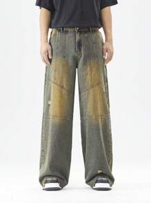 ROMWE MEN Street Life Quần jean rộng thùng thình và bẩn bẩn của nam giới, quần denim ống đứng vừa vặn có lỗ - Đồng - Xem 4