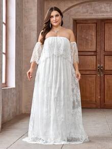 Plus Size White Contrast Lace Tube Bridal Gown, Off Shoulder Wedding Dress - White - View 3