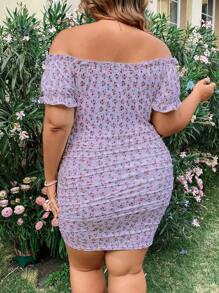 Flirla Bodycon Kleid Große Größen für Damen mit Rüschen, Off-Shoulder Blumendruck und kurzen Ärmeln für den Urlaub