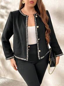 SHEIN Clasi Plus Contrast Trim Button Front Jacket Winter Fall Autumn - Black - View 8