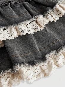 ROMWE Kawaii Plus Size Cute Contrast Lace Denim Skirt - Dark Grey - View 3
