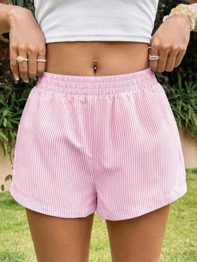 SHEIN EZwear Summer Pink Striped Casual Women's Shorts, Comfy Shorts