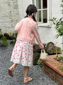 SHEIN Tween Girls  Floral Print Cami Dress & Solid Button Front Trench Coat - Pink - View 2