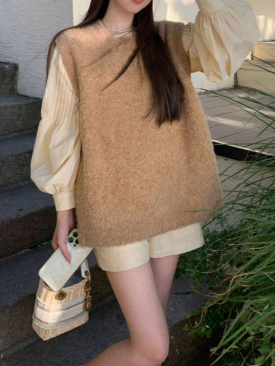 Solid Sweater Vest Without Blouse - Khaki - View 1