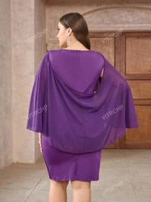 Plus Size Women Asymmetric Neck Cape Sleeve Ruched Sequin Embellished Fitted Short Formal Dress