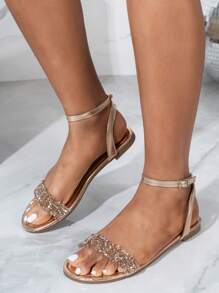 Giày sandal đế bằng màu sâm panh đính đá lấp lánh, kiểu dáng thanh lịch, thường ngày dành cho nữ, phù hợp với trang phục mùa xuân hè. - Rượu sâm banh - Xem 5