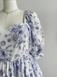 Soleia WYWH假日田園浪漫藍白花束情人領泡泡袖雙層荷葉邊大尺碼連衣裙 - 藍白色 - 查看 3