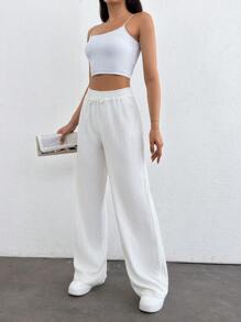 SHEIN Tall Tall Size Solid Elastic Waist Straight Leg Pants - White - View 5