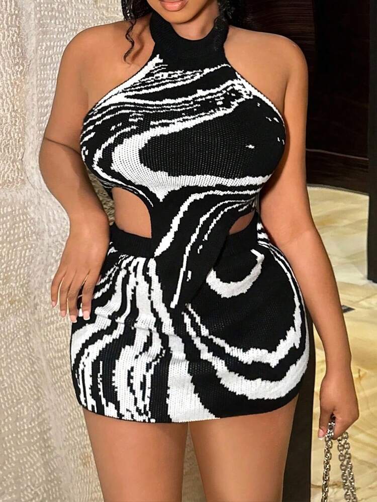 Women's Sweater Two-Piece Backless Sleeveless Top Skirt Sexy Black And White Zebra Halter Neck Vacation Summer Open