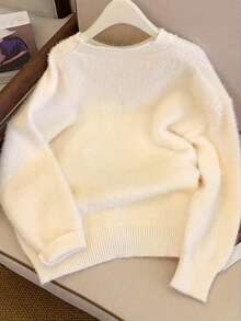 Letter & Dog Pattern Drop Shoulder Oversized Fluffy Sweater,Long Sleeve Tops Casual - Apricot - View 2