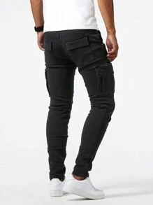 Men's Fashionable Multi-Pocket Stretchy Slim Fit Casual Jeans - Black - View 2