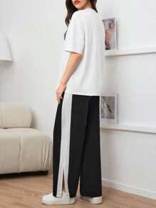 Seusyu 字母图案落肩 T 恤和撞色侧缝开衩裤两件套 - 黑與白 - 查看 2