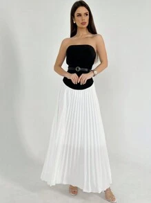 SHEIN Privé Plus Size Letnia Kolorowa Blokowa Plisowana Bez Ramiączek Sukienka A-Line Bodycon Dla Kobiet