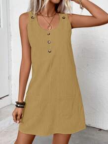 SHEIN LUNE Vestido de tanque sólido con botones en la parte frontal y bolsillos dobles